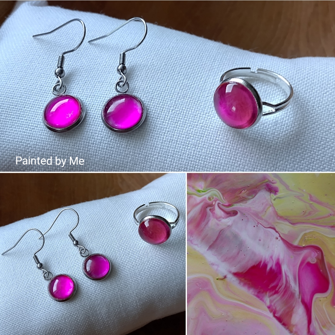 Zilverkleurige sieradenset handgemaakt doorsnee cabochons 10 en 12 mm, magenta - Paper Art