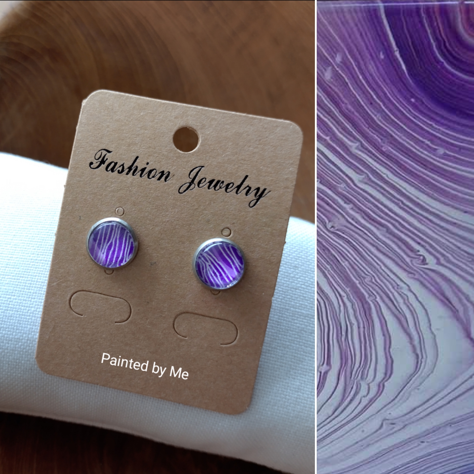 Zilverkleurige oorknopjes oorbellen handgemaakt 10 mm doorsnede cabochon, white / purple / lila- Paper Art