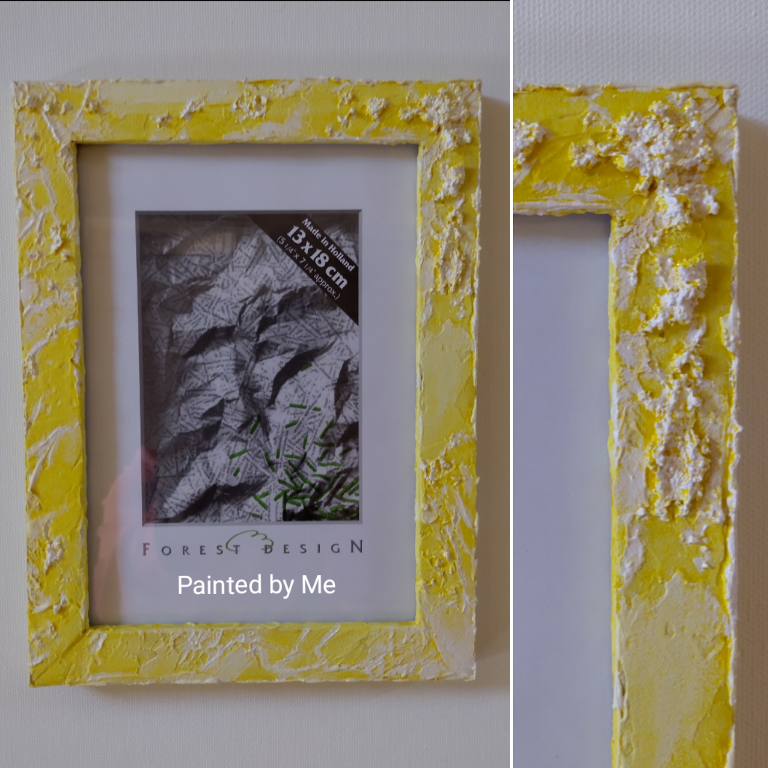 Fotolijstje, decoratief handgemaakt 13 x 18 cm, houten omlijsting, yellow / white