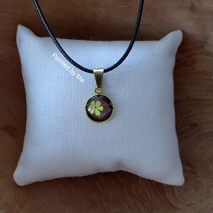 Zilverkleurige ketting handgemaakt, doorsnee cabochon 12 mm, yellow / brown / orange - Paper Art